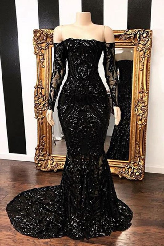 Sequins Black Long Mermaid Prom Dress ...